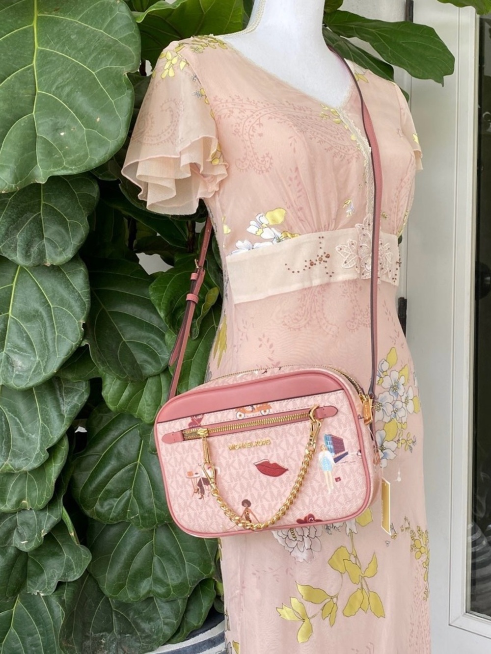 Michael Kors Pink Logo-Print Crossbody with Gold Chain